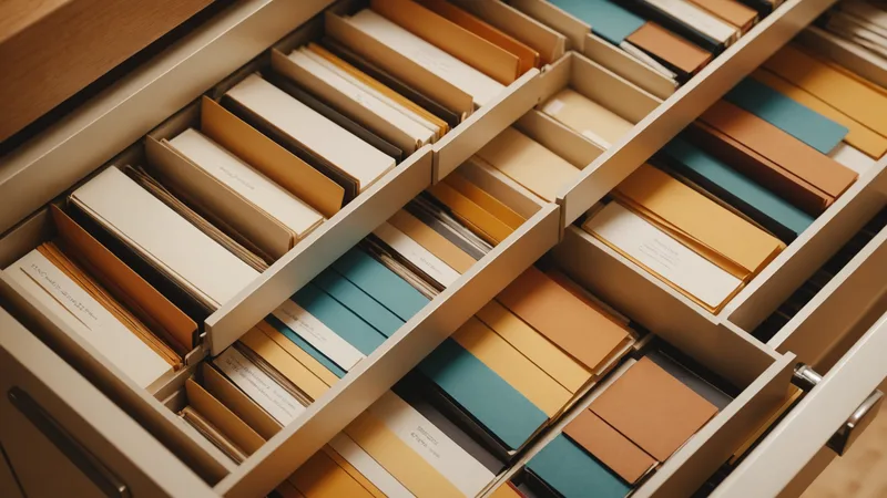 Organized filing system of document folders from above, warm earthy tones